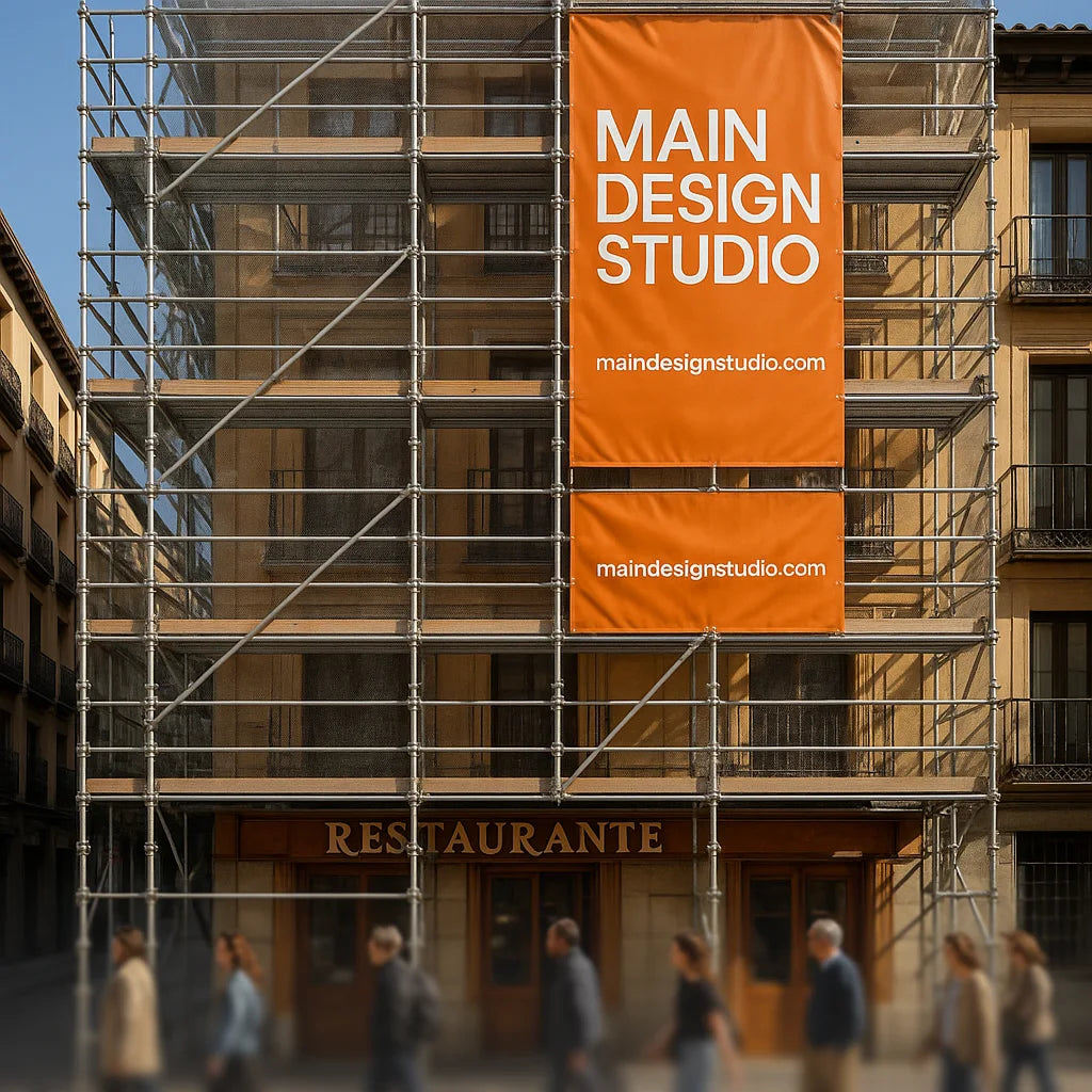 Andamios con lonas de MainDesign Studio durante la reforma de un restaurante histórico en la zona de Gran Vía, Madrid, 2022.
