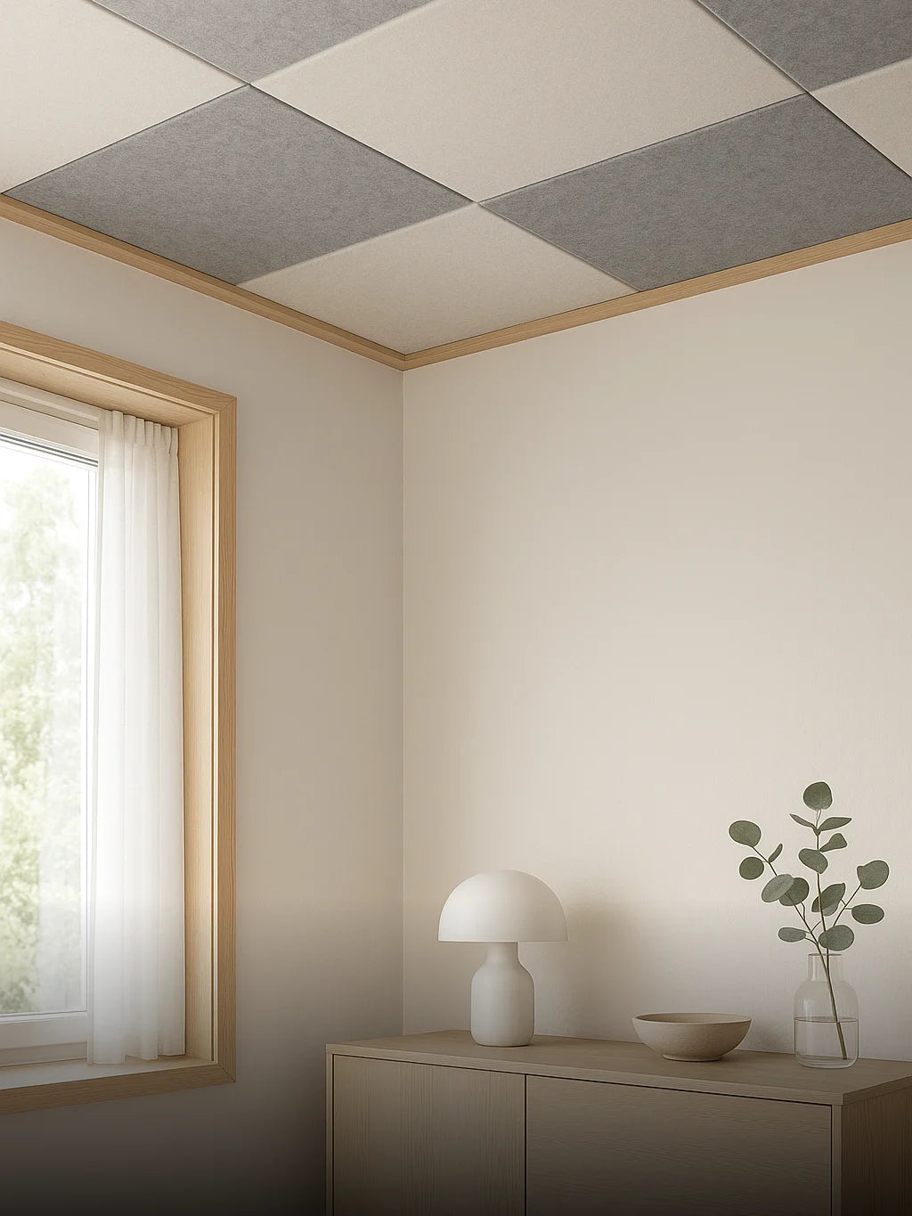 Paneles acústicos de poliéster blanco y gris instalados en el techo de una habitación estilo escandinavo, mejorando la absorción sonora y manteniendo la estética moderna.