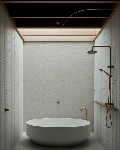 Baño estilo spa con bañera exenta frente a una pared central revestida con panel SPC efecto terrazo, rodeada de paredes de azulejos blancos y grifería dorada.