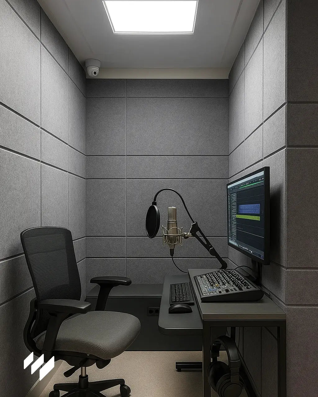 Cabina de grabación insonorizada con paneles acústicos autoadhesivos de poliéster gris cubriendo todas las paredes. Incluye micrófono profesional, pantalla de ordenador con software de edición y silla ergonómica.