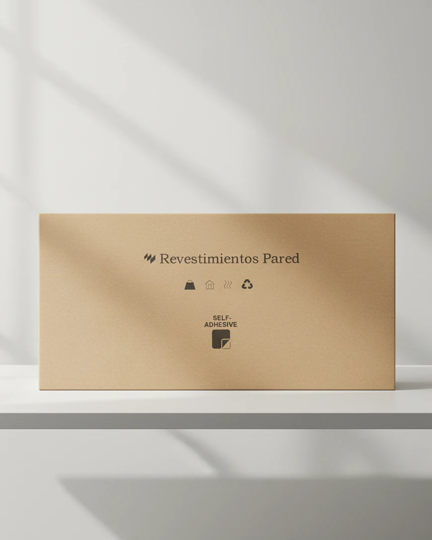 Caja de cartón ecológica de Revestimientos Pared con logotipo y símbolos de autoadhesivo, reciclaje y uso interior.