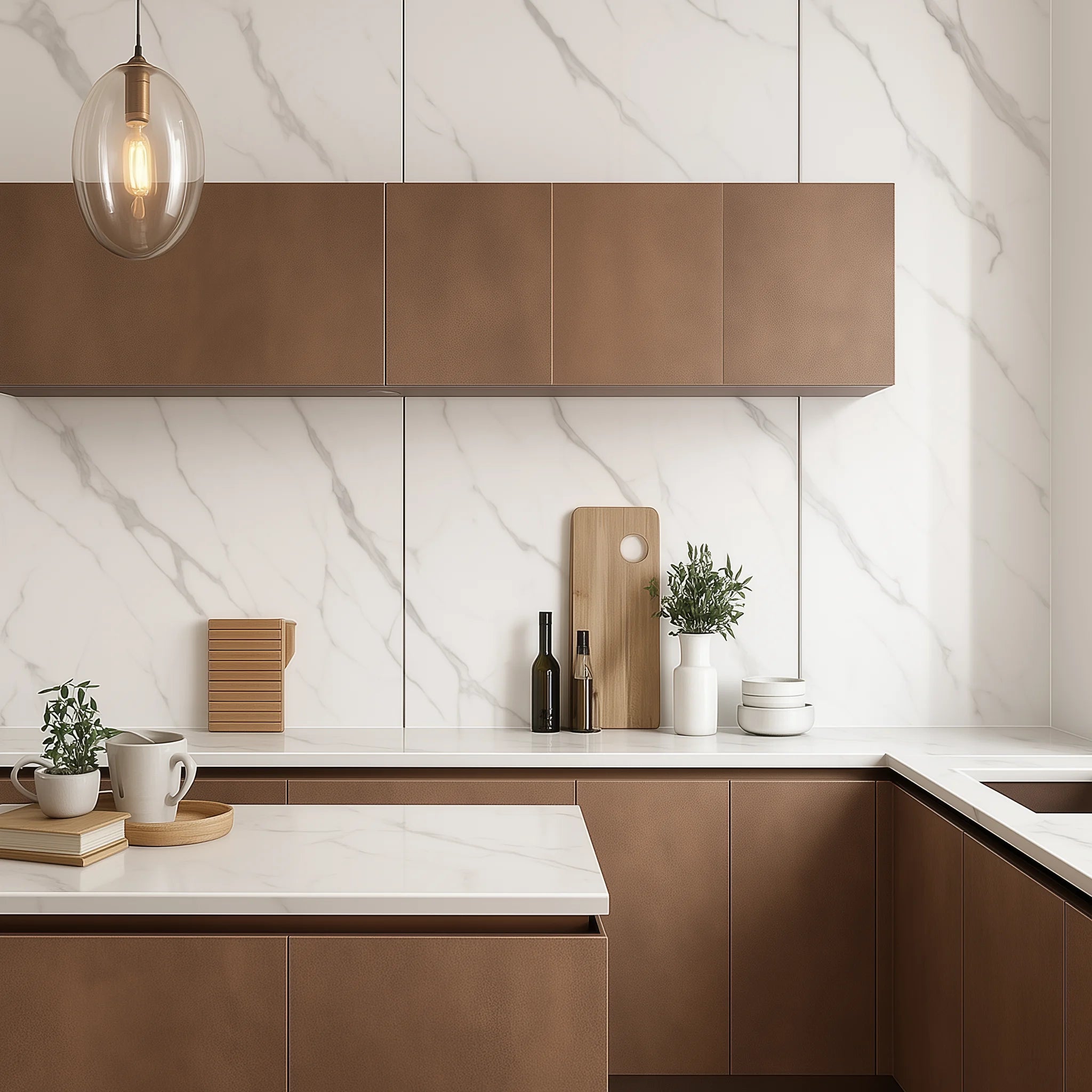 Cocina contemporánea con paneles WPC alto brillo efecto mármol Calacatta Blanco en la pared, combinados con gabinetes marrones y encimeras blancas. Diseño minimalista y elegante con luz natural.