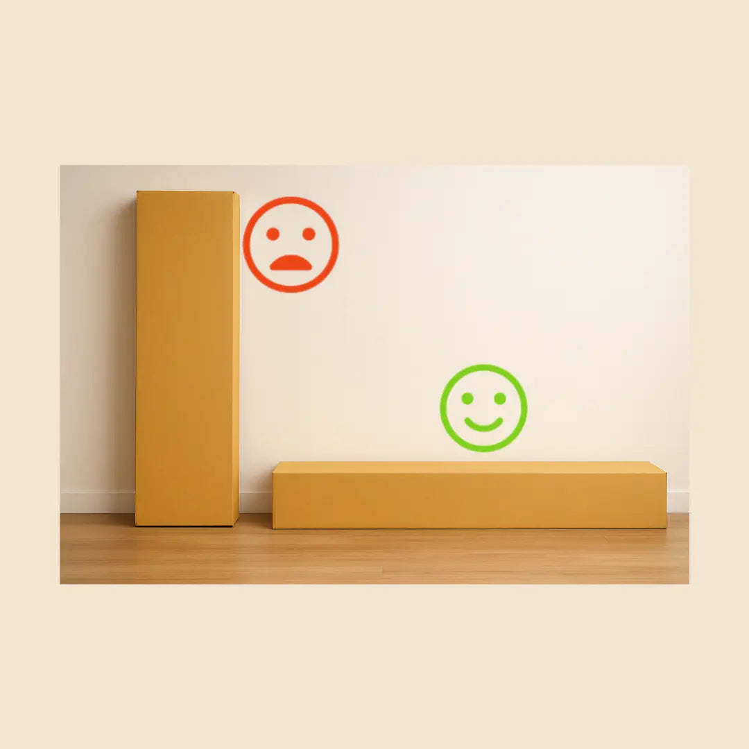 Una caja de Panel Acústico de Listones está contra la pared y la otra está sobre el suelo.