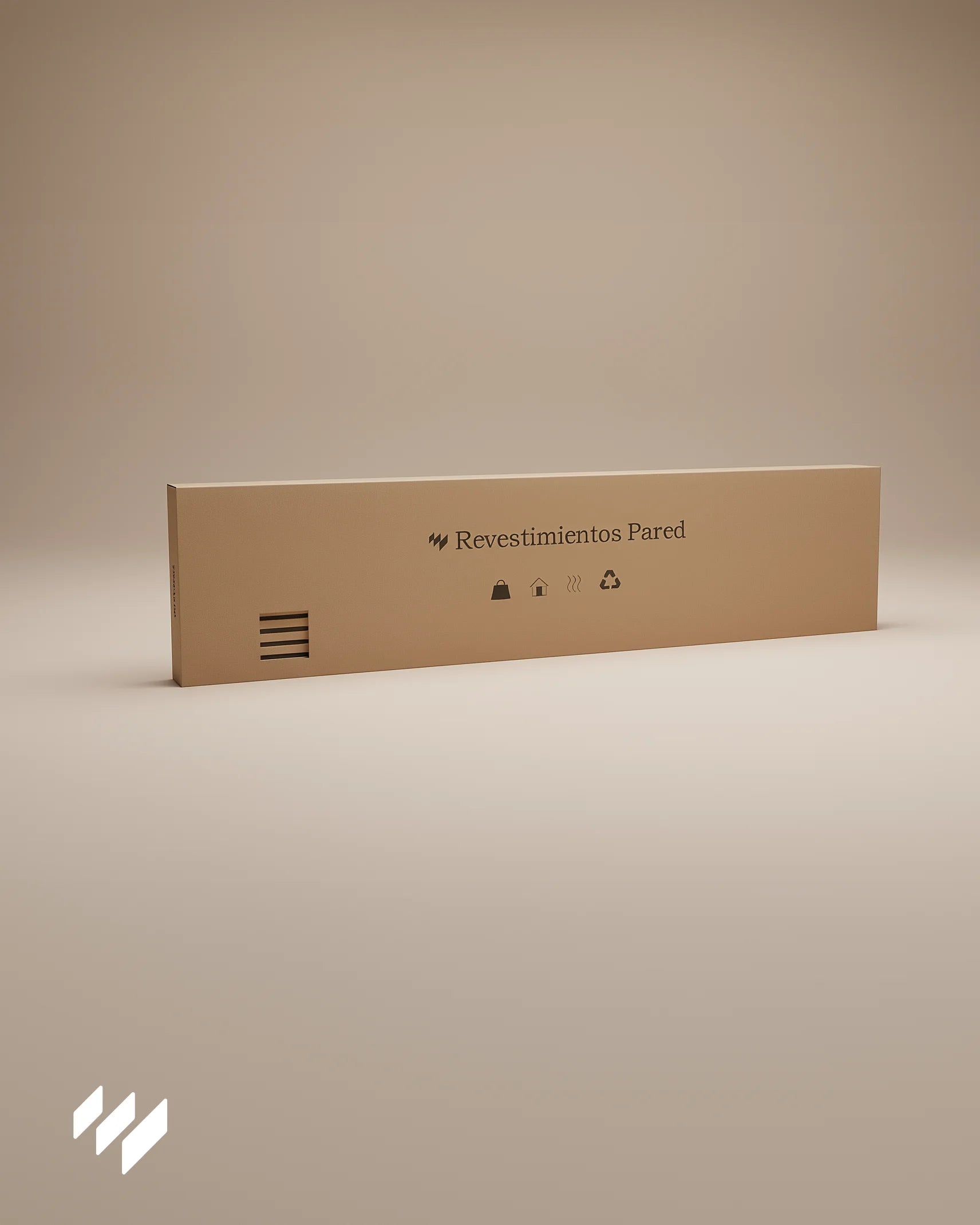 Embalaje del producto Panel Acústico de Listones Roble Natural de Revestimientos Pared, caja rectangular de cartón con logotipo y símbolos impresos en un fondo beige neutro.