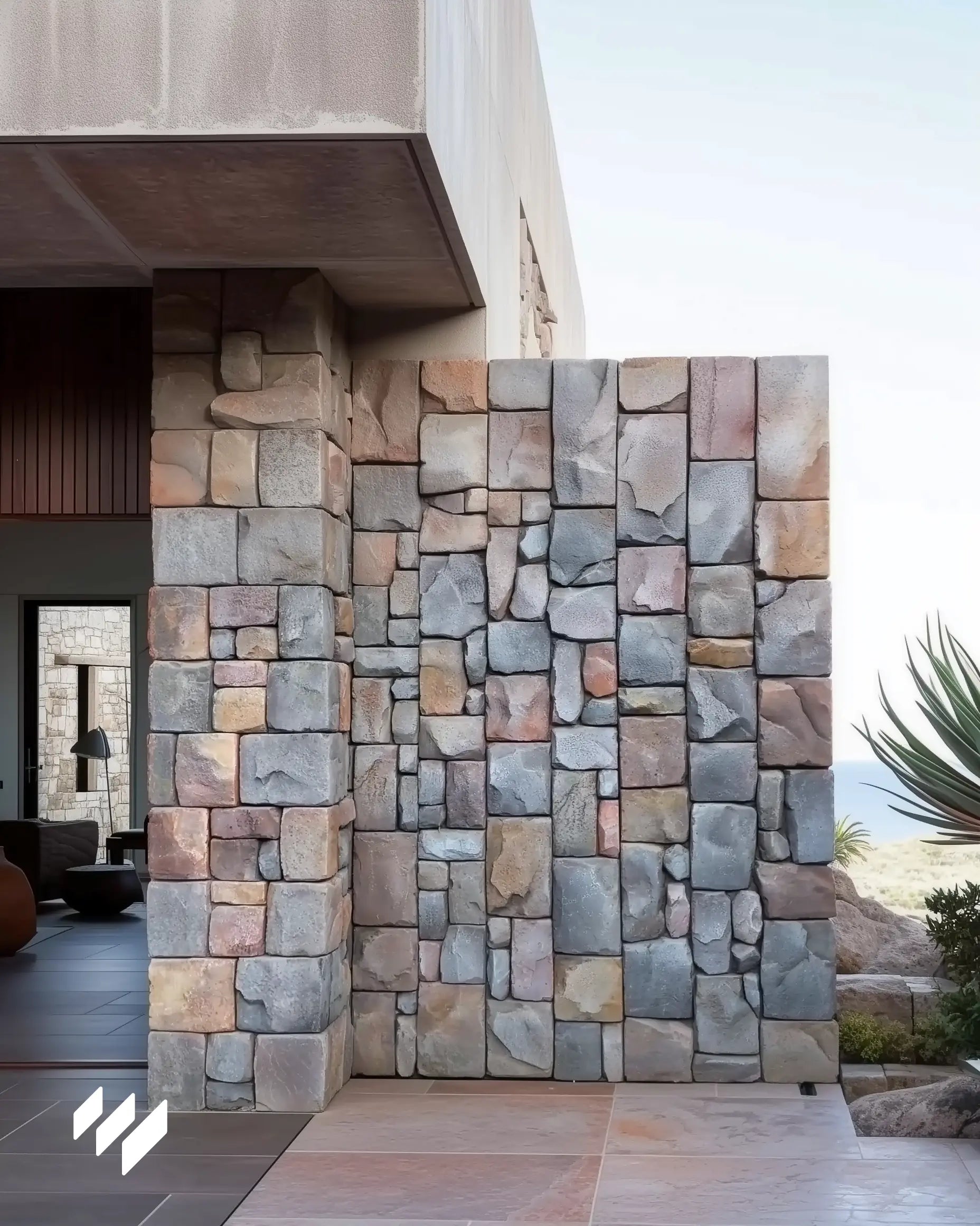 Entrada de vivienda revestida con panel PU efecto piedra rústica color pizarra