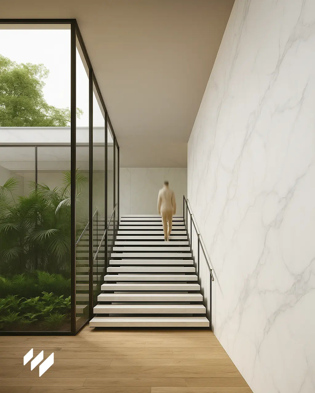 Escalera recta con paredes laterales revestidas en panel SPC efecto mármol blanco Carrara junto a un jardín interior acristalado.