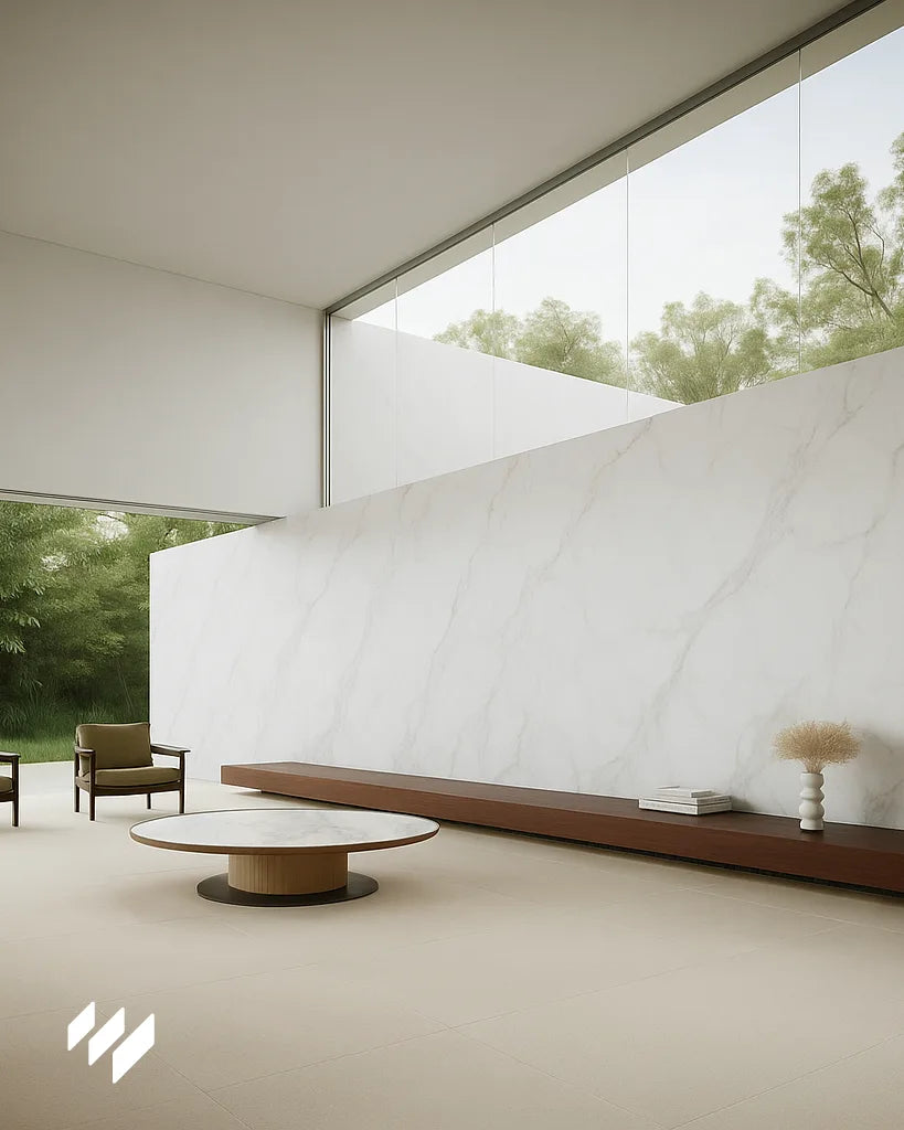 Gran muro continuo revestido en panel SPC efecto mármol blanco Carrara en un salón con ventanales panorámicos y mobiliario de estilo moderno.