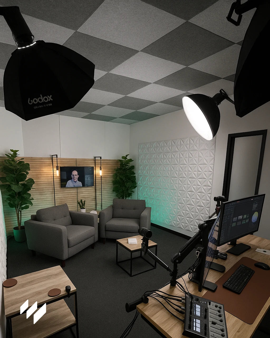 Sala de grabación de podcast profesional equipada con paneles acústicos cuadrados blancos de 50x50cm en el techo y una pared lateral. Dos sillones grises, iluminación de estudio, plantas decorativas y una mesa de mezclas completan el espacio.