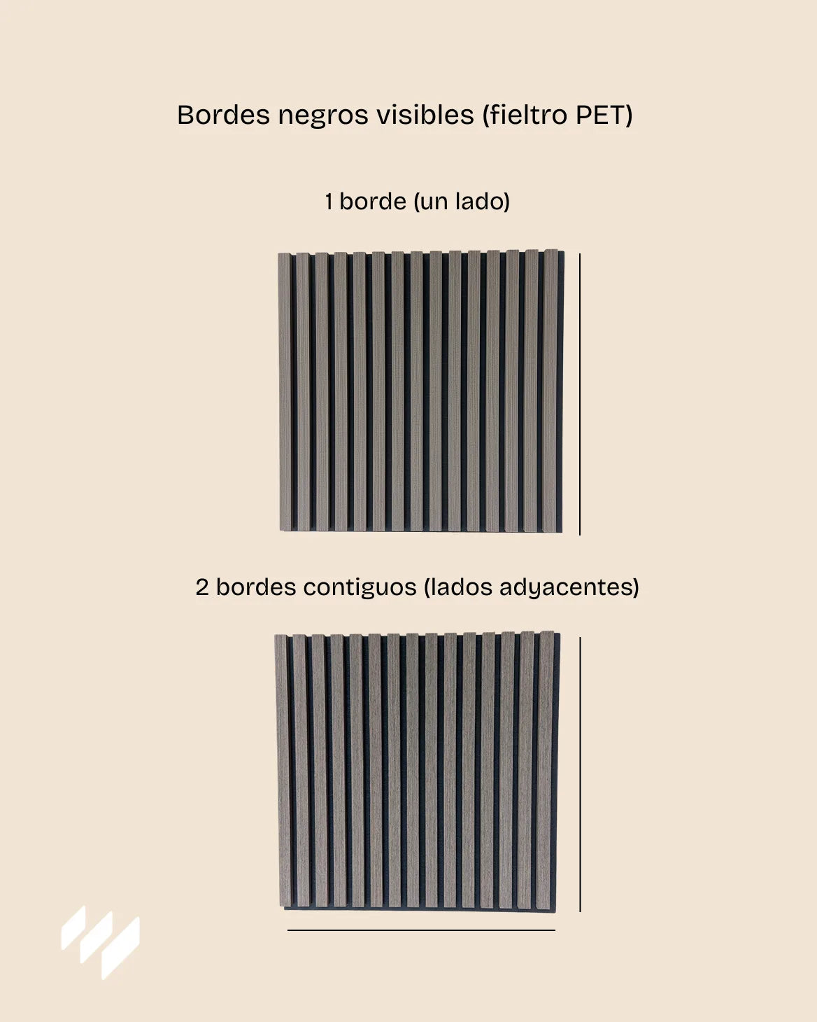 Infografía del panel acústico autoadhesivo Roble Ahumado mostrando las dos variantes disponibles: con 1 borde negro visible y con 2 bordes contiguos visibles en fieltro PET.