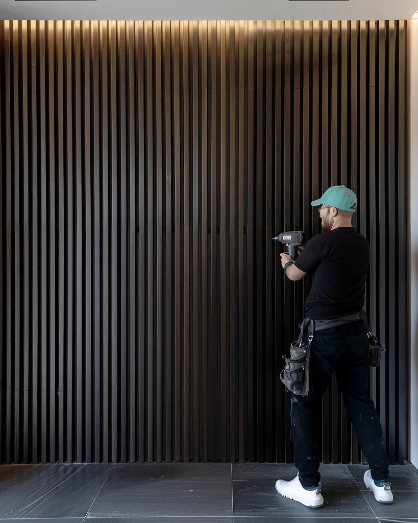Instalador colocando paneles acústicos slatwall de Revestimientos Pared en una pared interior con acabado moderno.
