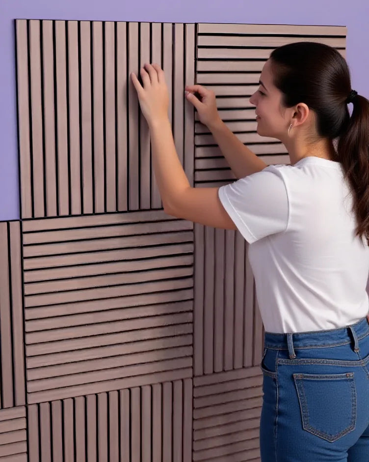 Mujer instalando un panel acústico autoadhesivo de listones color roble natural sobre una pared interior, mostrando el proceso de colocación manual con orientación vertical y horizontal.