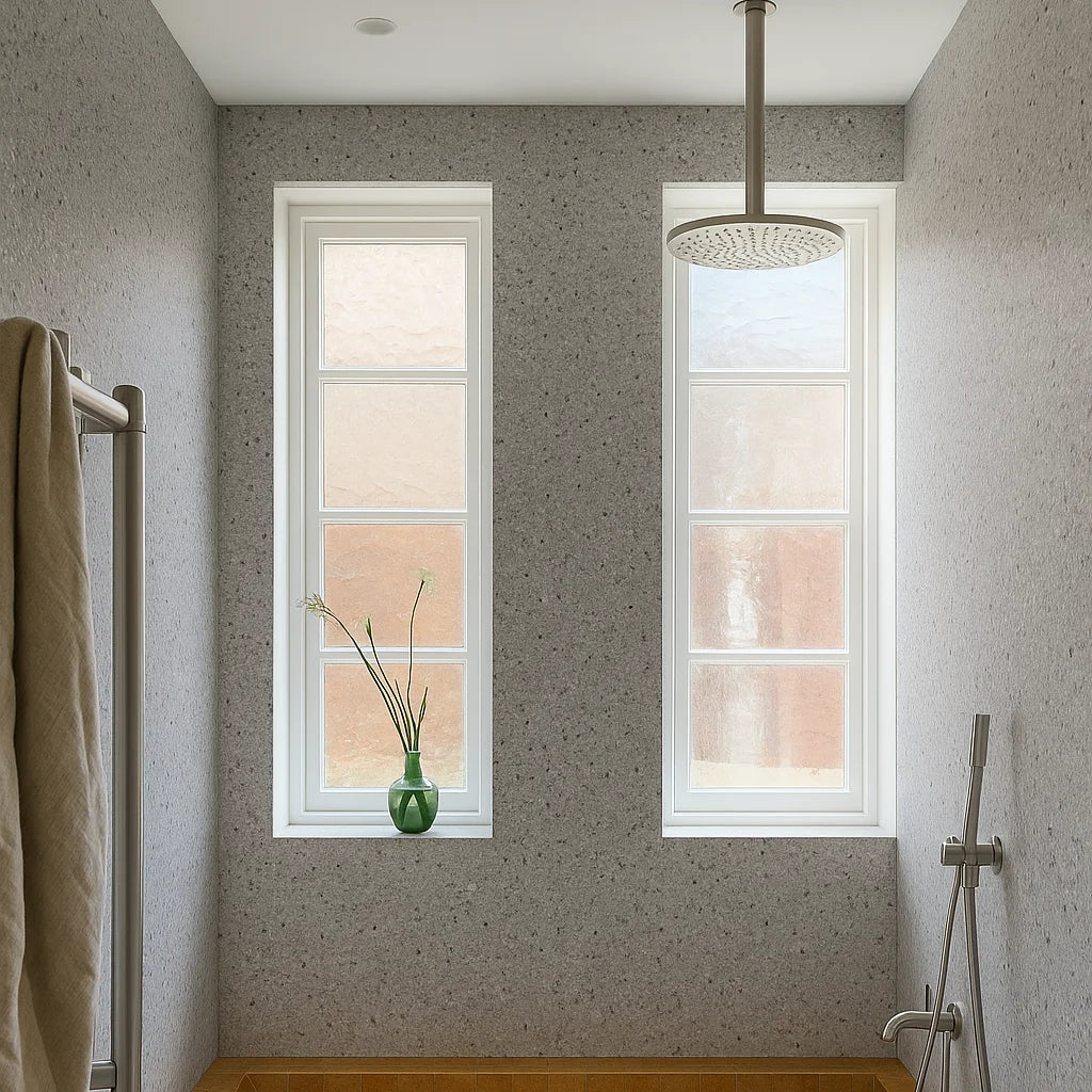 Panel de pared de ducha SPC efecto terrazo instalado en un baño minimalista con ventanas altas y luz natural. Las paredes muestran una superficie mate y resistente en tonos grises con patrón de terrazo, evocando durabilidad, limpieza y serenidad.