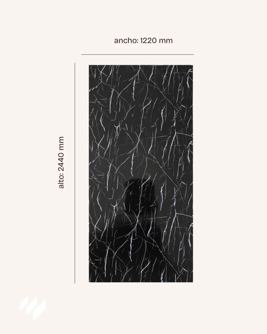 Diagrama del Panel WPC Alto Brillo efecto Mármol Negro Marquina de Revestimientos Pared con dimensiones 2440 mm de alto y 1220 mm de ancho.