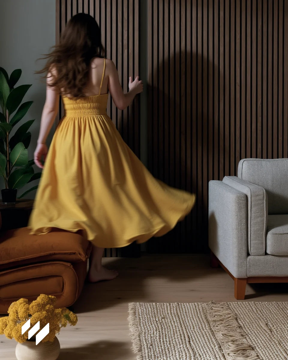 Mujer en movimiento frente a panel de pared Roble Ahumado de Revestimientos Pared en ambiente moderno y minimalista