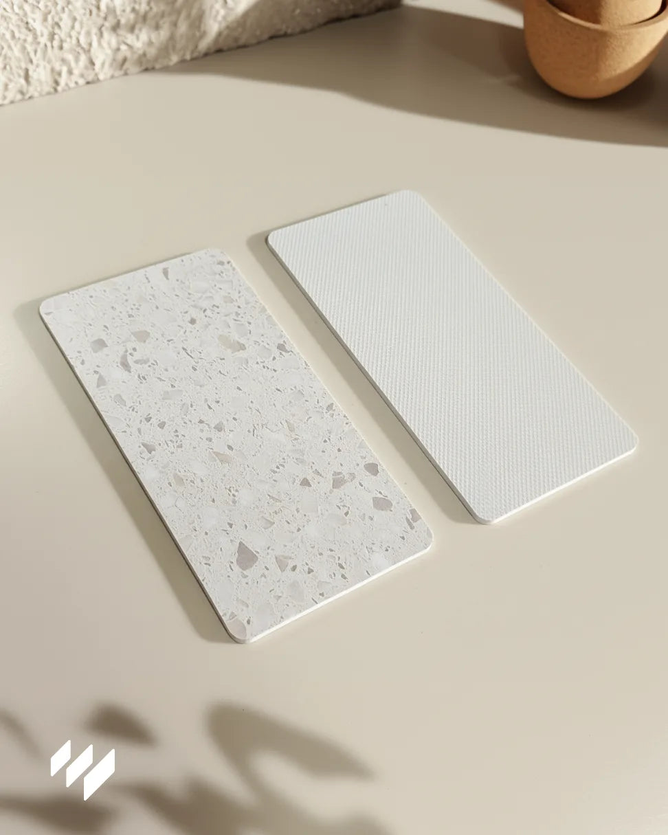 Muestras del revestimiento de pared SPC efecto terrazo gris claro de Revestimientos Pared, mostrando el frente decorativo y el reverso antideslizante.