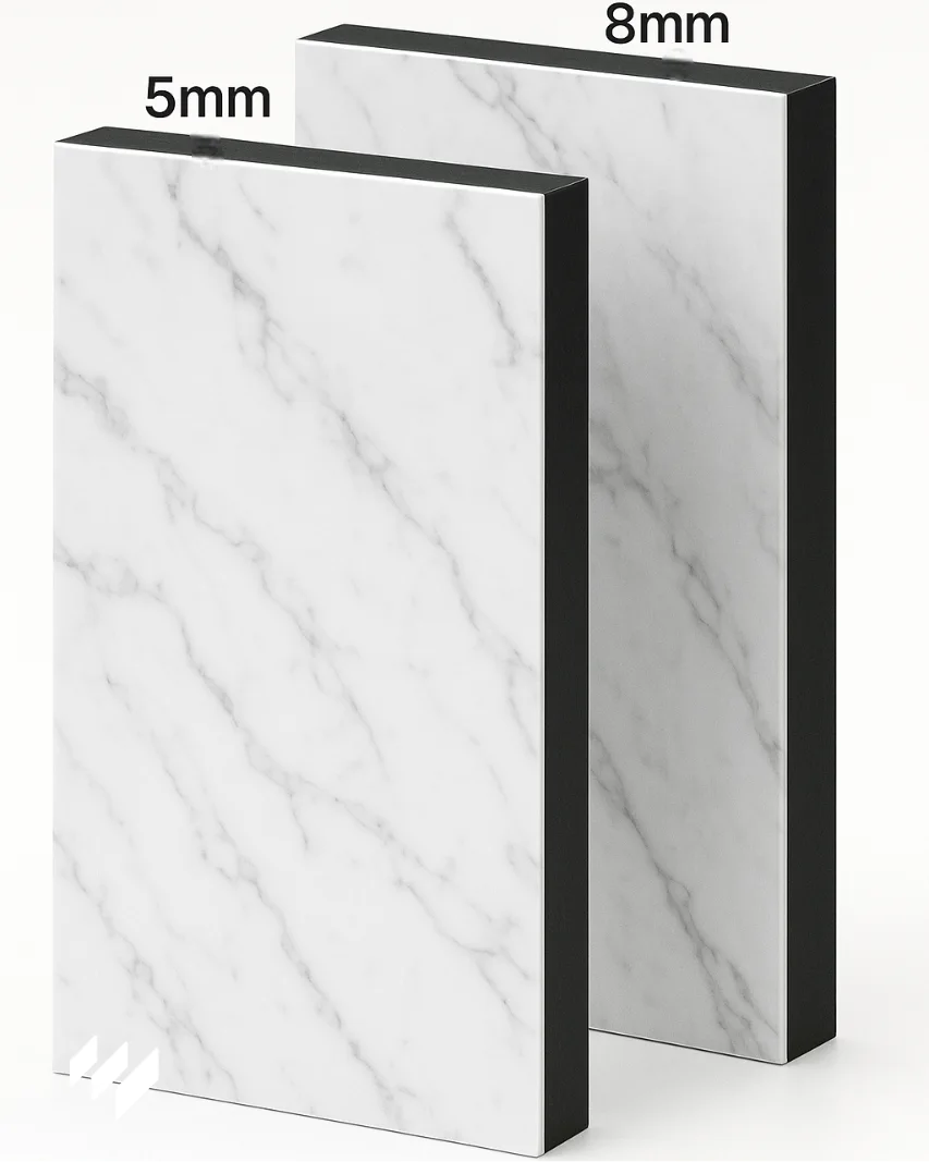 Dos secciones de panel SPC efecto mármol blanco Carrara que muestran los espesores disponibles de 5 mm y 8 mm.