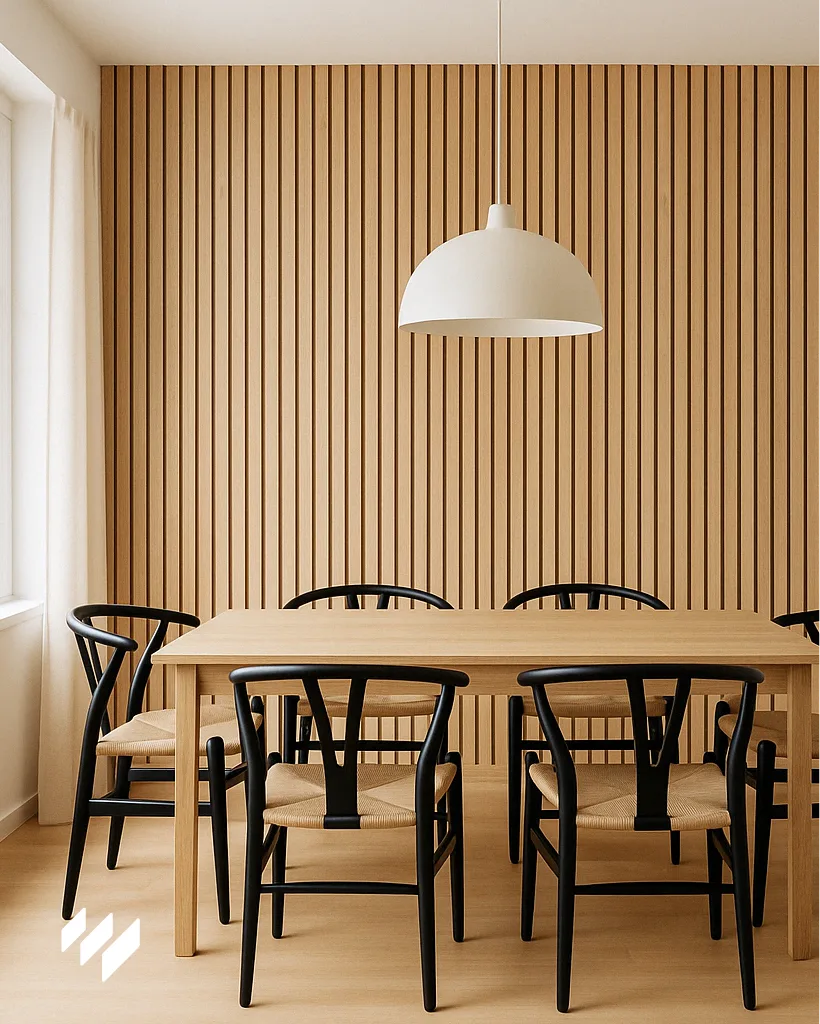 Hay Panel Acustico de Listones en la pared del Comedor.
