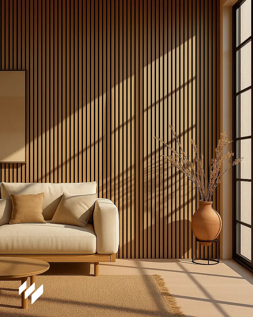 Hay Panel Acustico de Listones en la pared del salón de estilo moderno.