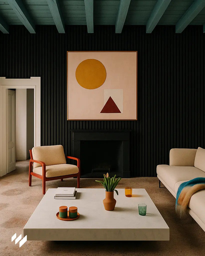 Hay Panel Acustico de Listones roble negro en la pared del Salon.