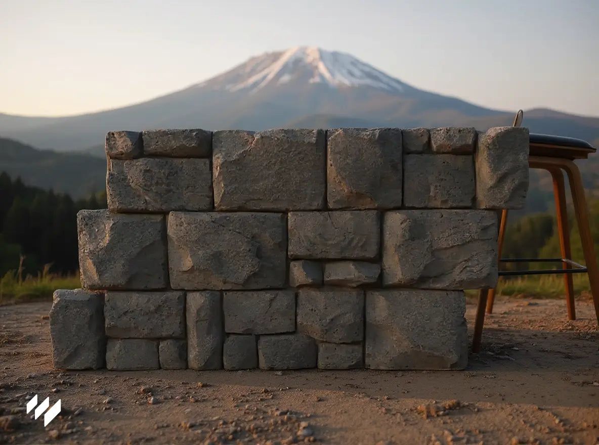 Panel decorativo PU efecto piedra colocado al aire libre con vista a una montaña con nieve