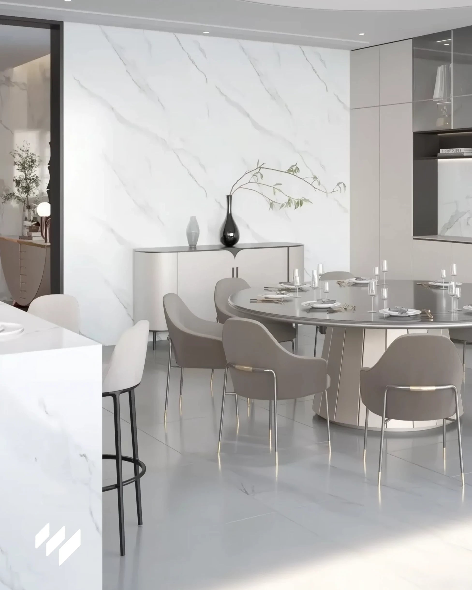 Salón comedor moderno revestido con paneles WPC efecto mármol blanco Calacatta de Revestimientos Pared, ambiente luminoso y elegante.