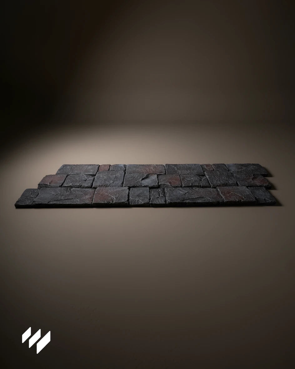 Panel Decorativo PU Efecto Piedra Volcánica Rústica Color Lava de Revestimientos Pared, mostrado en vista completa sobre fondo neutro.