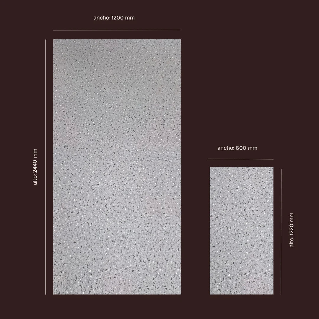 Panel de Pared de Ducha SPC efecto terrazo gris Dimensiones dark mode