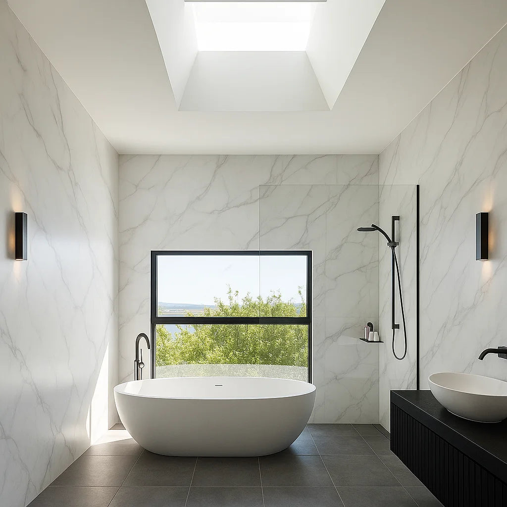 Baño moderno con paneles de revestimiento SPC efecto mármol blanco, bañera exenta y ducha con mampara de vidrio, iluminado por una claraboya y ventana con vista natural.