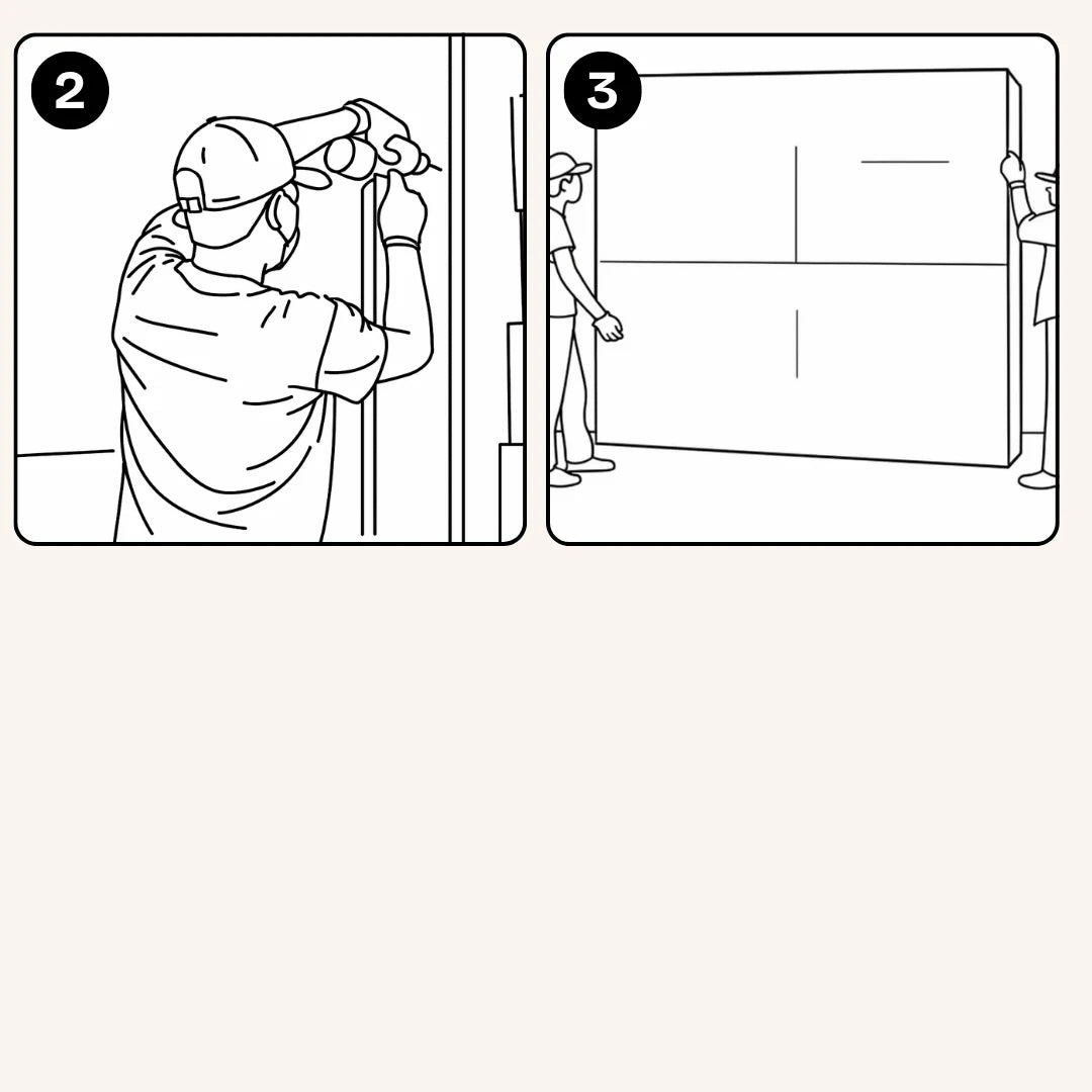 Instalador utilizando taladro y nivel para marcar referencias verticales y horizontales en la pared.