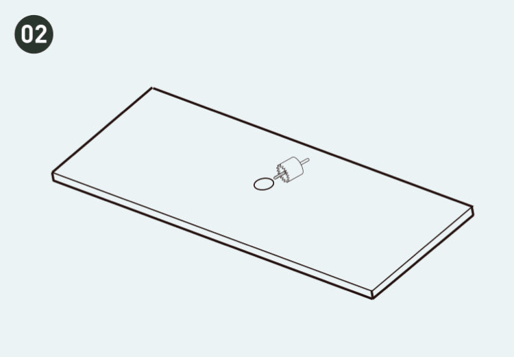 Ilustración de un panel con recortes para grifería y fontanería usando una sierra de corona desde la parte trasera.