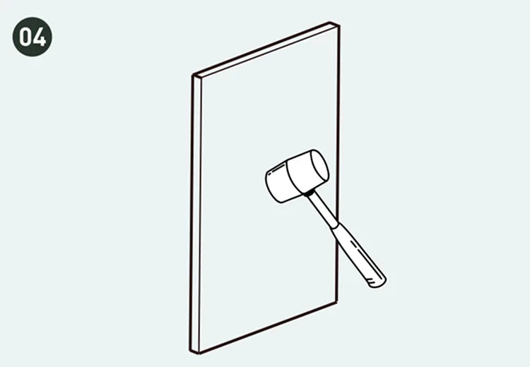 Dibujo de un panel siendo presionado contra la pared y golpeado con mazo de goma para eliminar burbujas de aire.