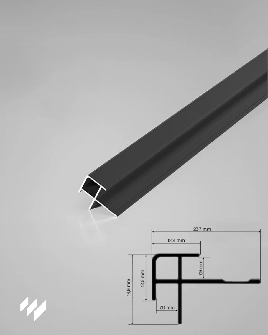 Perfil de Esquina Exterior Cuadrada de Aluminio Negro Mate con su diagrama técnico y medidas detalladas, fotografía de producto de revestimientos pared.