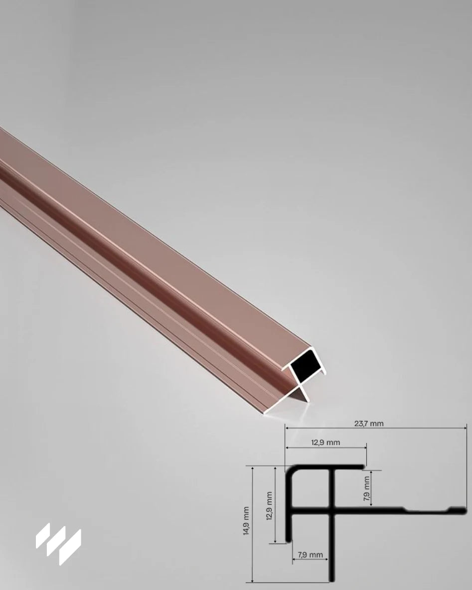 Perfil de Esquina Exterior Cuadrada de Aluminio Oro Rosa Brillante con su diagrama técnico y medidas detalladas, fotografía de producto de revestimientos pared.