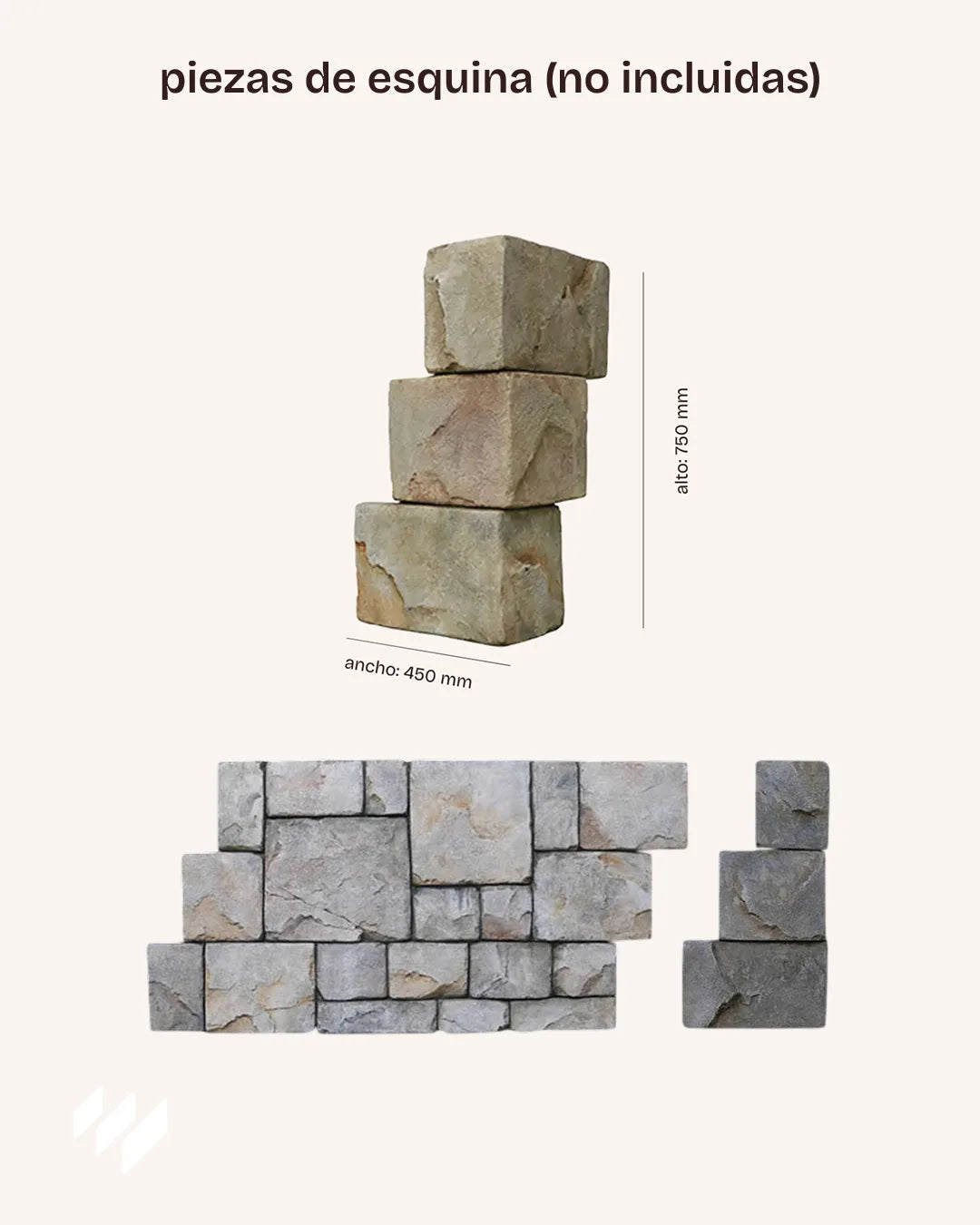 Piezas de esquina del revestimiento Revestimientos Pared efecto piedra volcánica Basalto, mostradas para referencia de montaje, no incluidas en el set.