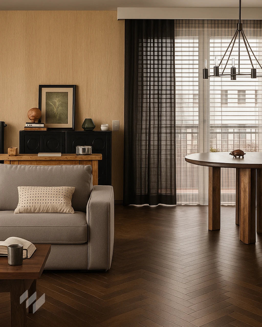 Salón comedor elegante con Revestimiento Panel WPC Efecto Madera color Roble Natural de revestimientos pared, inspirado en ideas de calidez y estilo contemporáneo. Salón comedor en piso de M. Fernández, Madrid