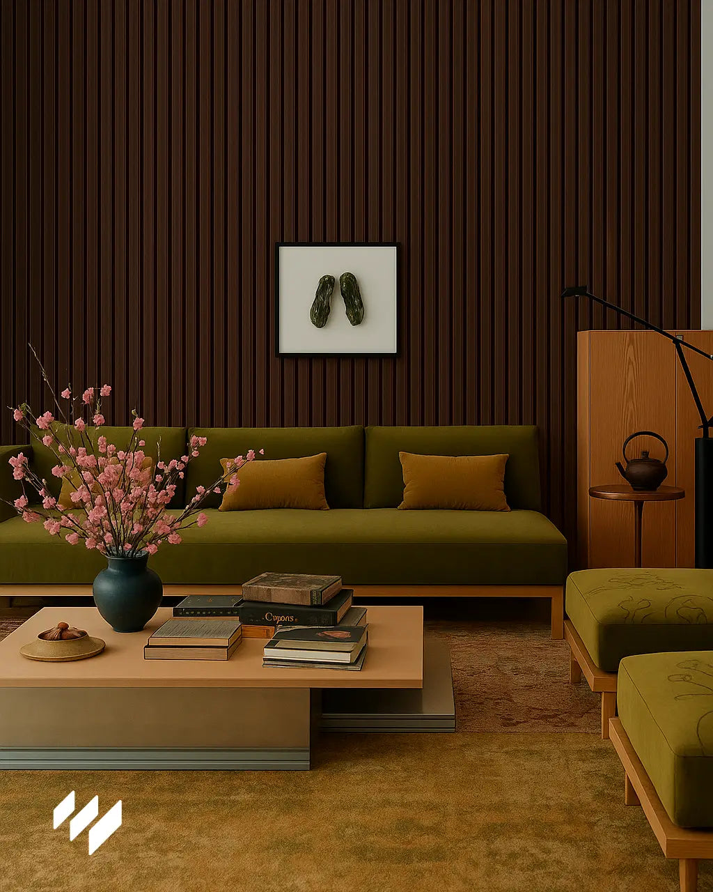 Hay Revestimiento Pared Listones 3D WPC Nogal Oscuro de revestimientos pared en la pared del salon de estilo mediterránea.