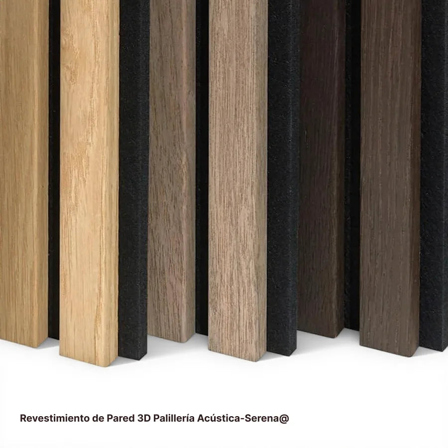 Revestimiento de Pared 3D Palillería Acústica colección serena, tres acabados: roble natural, nogal y roble oscuro.