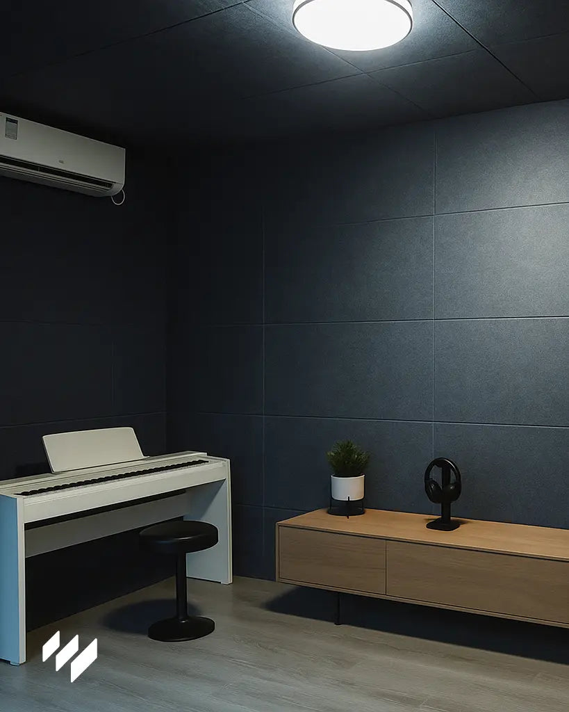 Sala de música minimalista con paneles acústicos de poliéster gris en paredes y techo. Incluye piano digital blanco, taburete negro y mueble de madera clara, creando un ambiente moderno y silencioso.