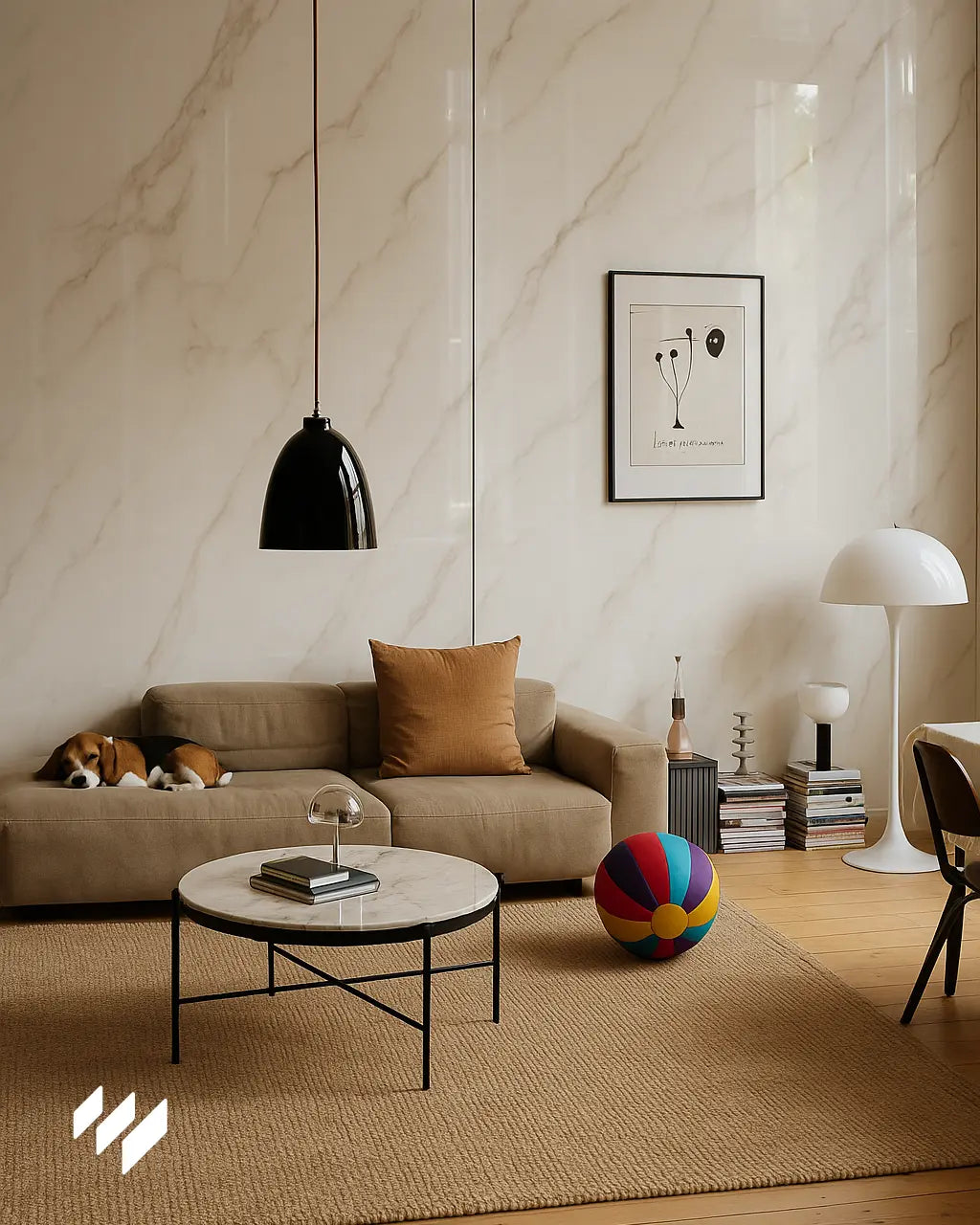 Sala de estar con paredes decoradas en Panel WPC Alto Brillo efecto mármol Calacatta Blanco de Revestimientos Pared