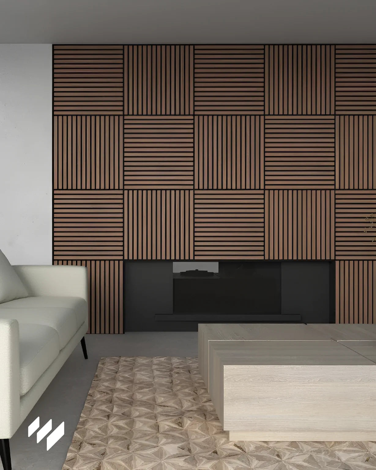 Salón moderno con chimenea decorativa y revestimiento de pared 3D Palillería Acústica cuadrado en Roble Ahumado, que aporta textura y calidez a un diseño interior sobrio y elegante.