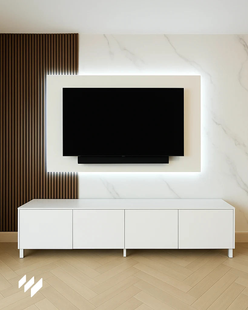 Panel de revestimiento SPC efecto mármol blanco Carrara enmarcando un televisor con iluminación perimetral en una sala de estar moderna.