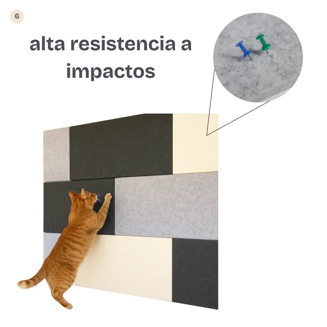 Panel acústico resistente a impactos usado como tablero de notas y protector de pared frente a arañazos de mascotas