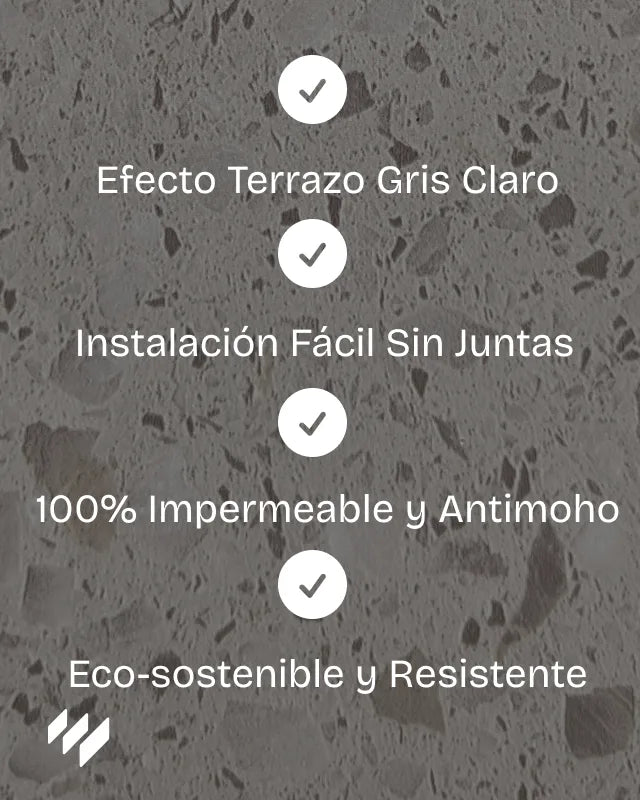 Panel decorativo SPC de Revestimientos Pared con efecto terrazo gris claro, impermeable, sin juntas, resistente y eco-sostenible.