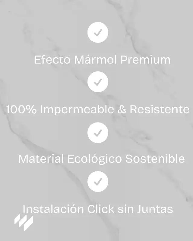 Gráfico sobre fondo de mármol Carrara con iconos de verificación que destacan: efecto mármol premium, 100 % impermeable y resistente, material ecológico sostenible e instalación click sin juntas.