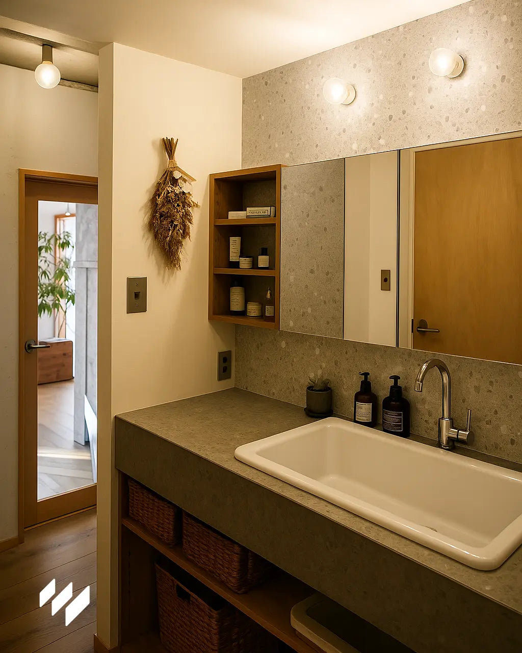 Lavabo de baño moderno con pared revestida de panel SPC efecto terrazo, iluminación cálida y estantería de madera integrada.