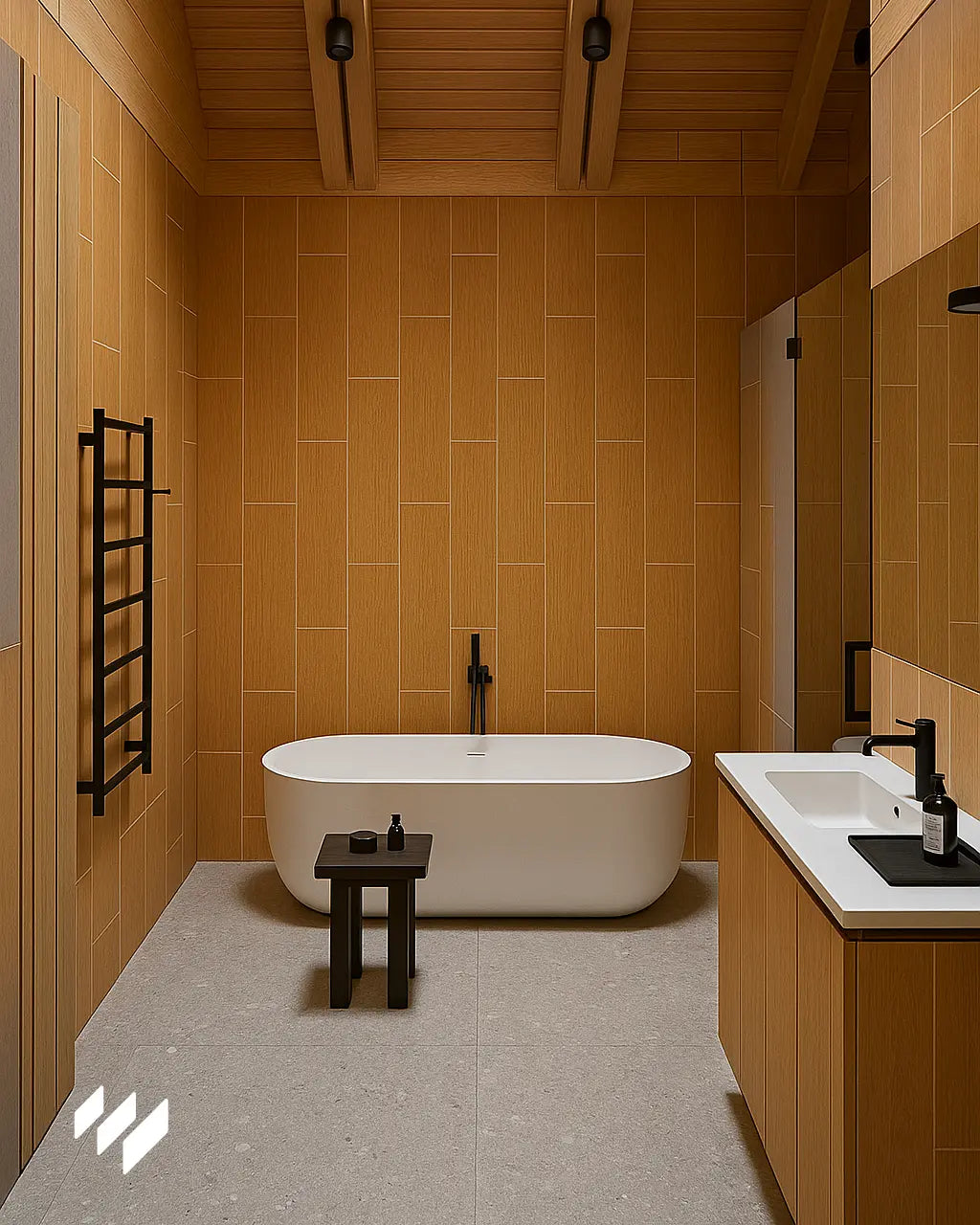 Baño moderno con bañera exenta y paredes revestidas con Panel SPC efecto madera cerámica, creando un ambiente cálido y natural.