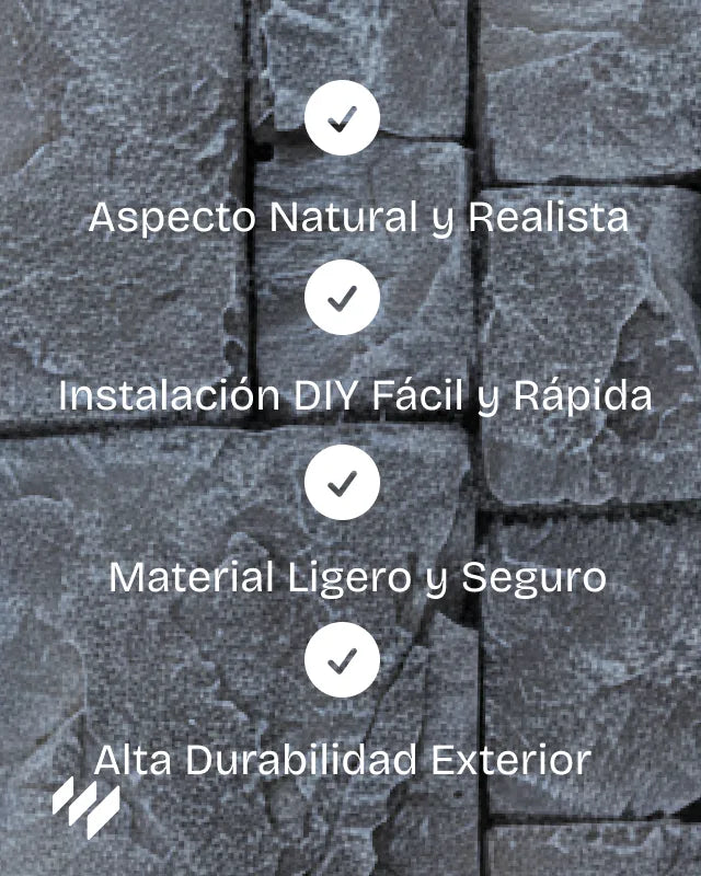 Revestimiento de pared Revestimientos Pared Fortaleza Basalto con texto sobre fondo de piedra volcánica que destaca sus ventajas: aspecto natural, instalación fácil, material ligero y alta durabilidad exterior.