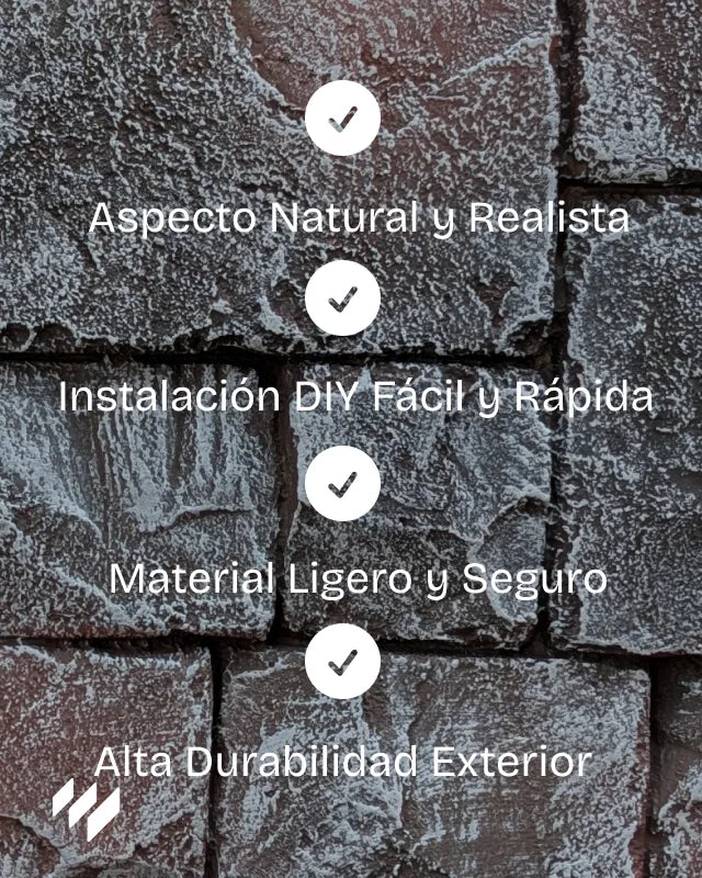 Revestimiento de pared Revestimientos Pared Fortaleza Lava con texto sobre fondo de piedra volcánica que destaca sus ventajas: aspecto natural, instalación fácil, material ligero y alta durabilidad exterior.