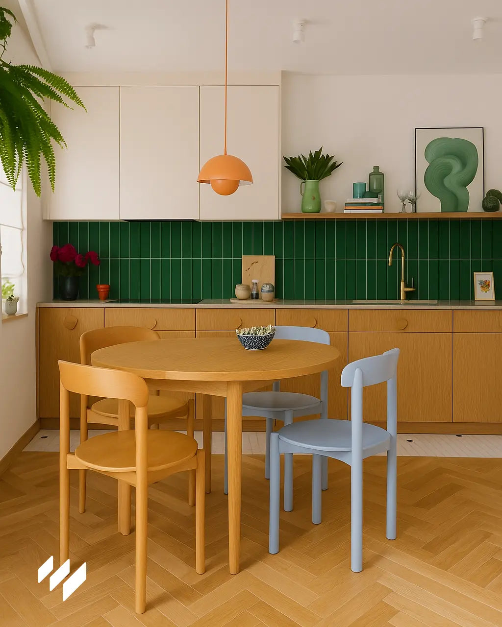 Comedor-cocina escandinava con mesa redonda de madera clara, sillas color pastel y pared trasera cubierta con panel SPC imitación azulejo vertical verde.
