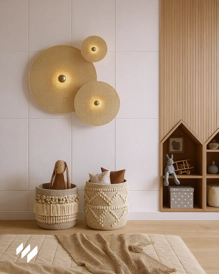 Pared del cuarto infantil decorada con paneles acústicos autoadhesivos de poliéster blanco, combinando diseño acogedor y funcionalidad acústica junto a elementos decorativos naturales.